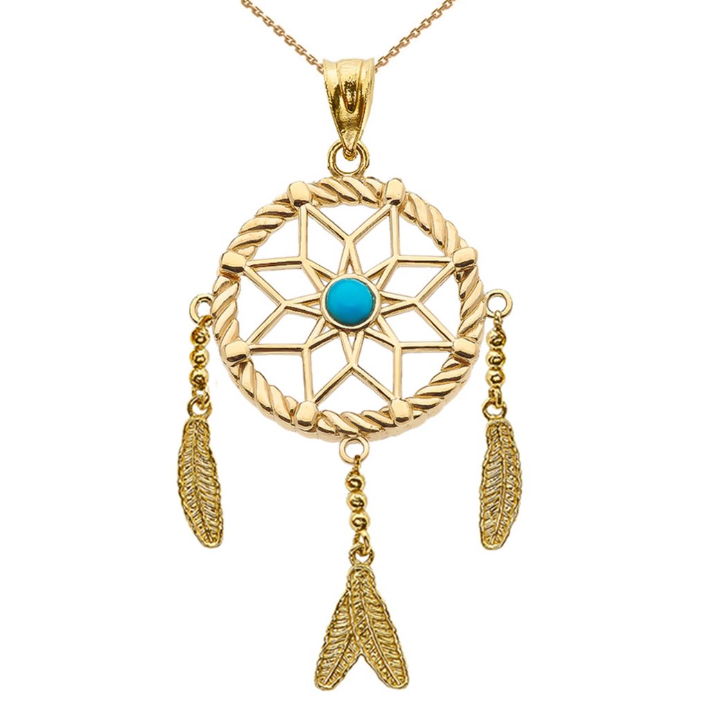 14k Gold Turquoise Flower Dream Catcher Necklace 710$